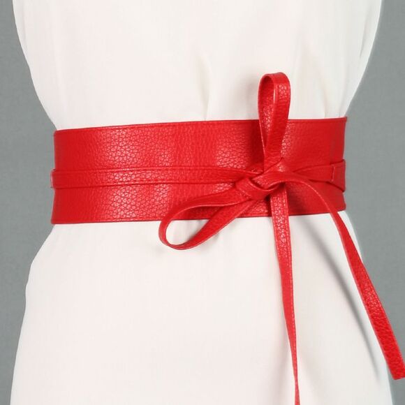 Belt Wrap Around Waist Red Boho Gypsy Cinched Faux Leather Tie Bow Vegan Leather - Picture 1 of 5